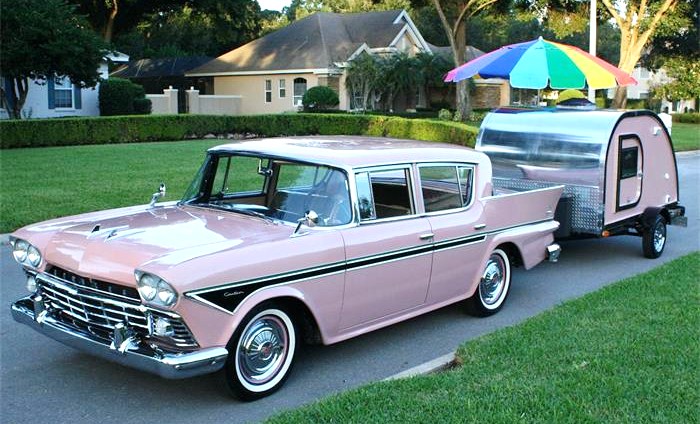 The low-mileage 1958 Rambler comes attached to a teardrop camping trailer 