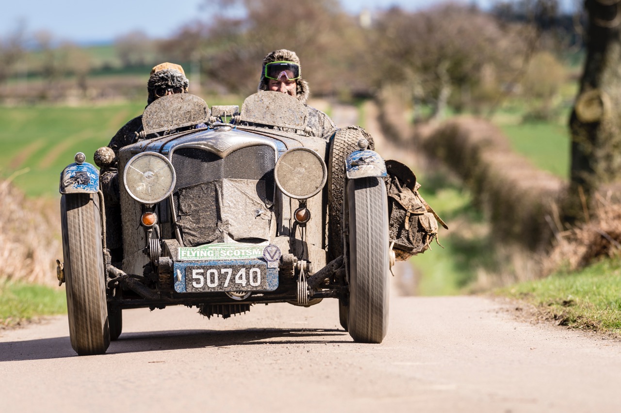 Muddy but smiling faces in a 1935 Riley 12/4 Special 1495 on the Flying Scotsman Rally | Endurance Rally Associaiton photos