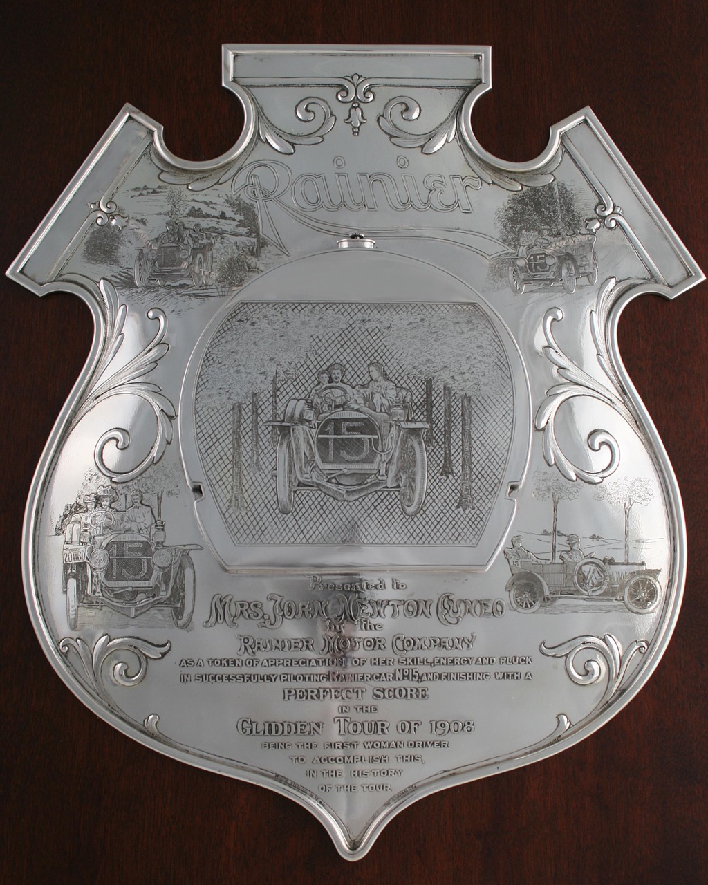 Rainer Motor Co. silver plaque awarded for perfect score in 1908 Gladden tour