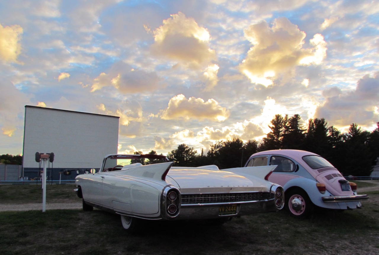 We parked the Caddy next to the drive-in theater's own pink-and-blue VW Beetle | Larry Edsall photos