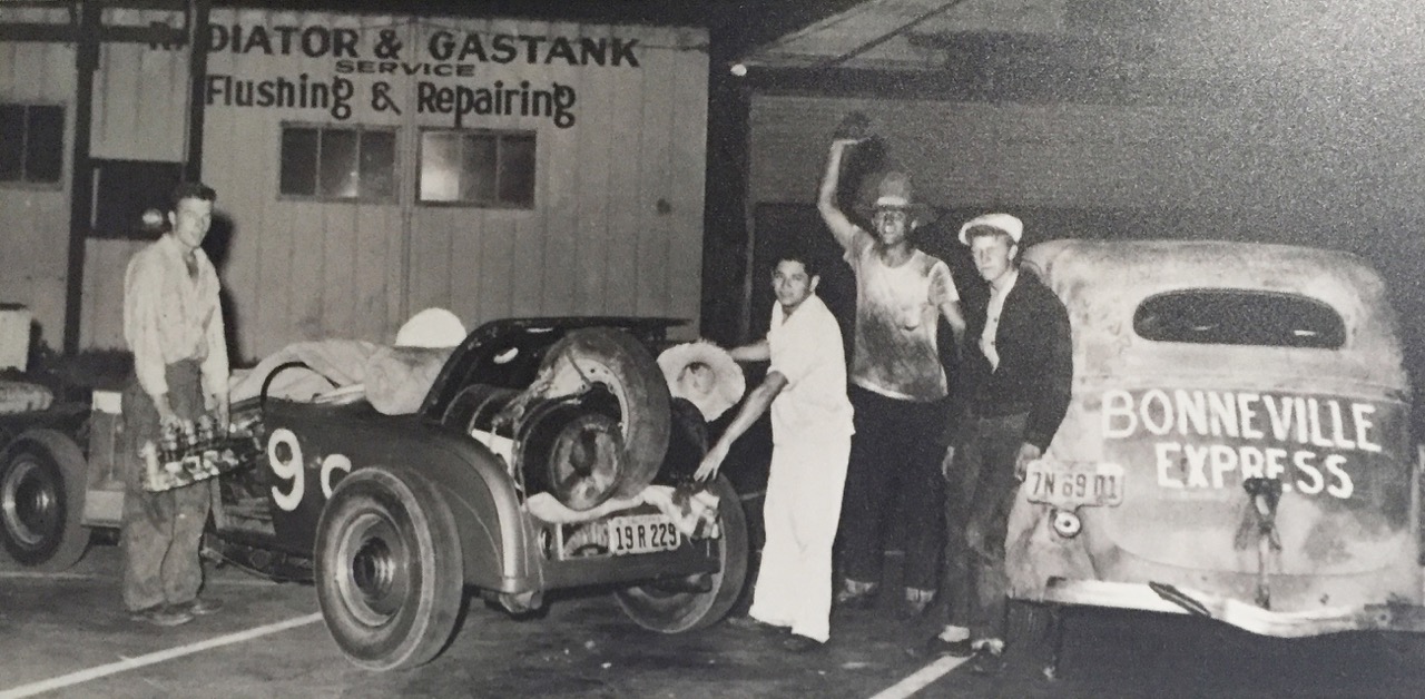 At Bonneville in 1950, Ted Bear (far left), engine-builder Raymond Torres, driver Dan Gurney and '29 Ford roadster-owner Skip Hudson