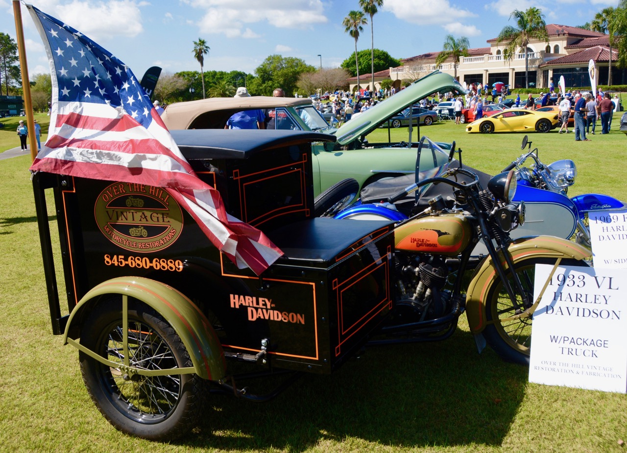 A 1933 Harley-Davidson with package-truck sidecar among the many and various cars at the show | Jim McCraw photos