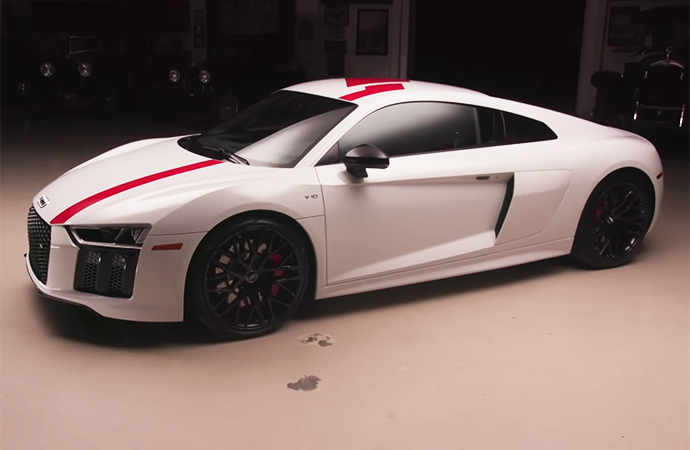 Jay Leno jumped in the Audi R8 RWS after he checked it out in his famous garage. | Screenshot
