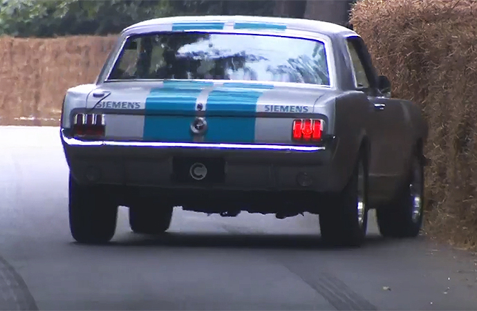 This semi-autonomous 1965 Ford Mustang didn't have a stellar outing at the Goodwood Festival of Speed hillclimb. | Screenshot