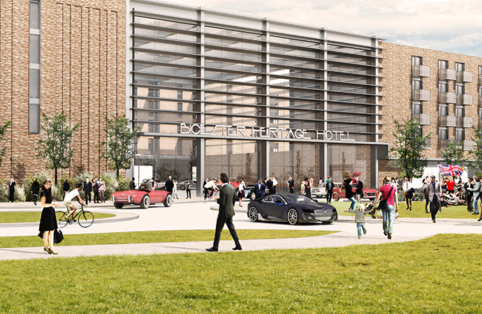 This artist's rendering shows the design of the future track-side hotel at Bicester Heritage. | Bicester Heritage photo