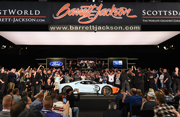 Barring any surprise, this 2019 Ford GT Heritage Edition that sold for $2.5 million on Saturday will be the most expensive charity car at this year's Barrett-Jackson auction in Scottsdale, Arizona. | Barrett-Jackson photo