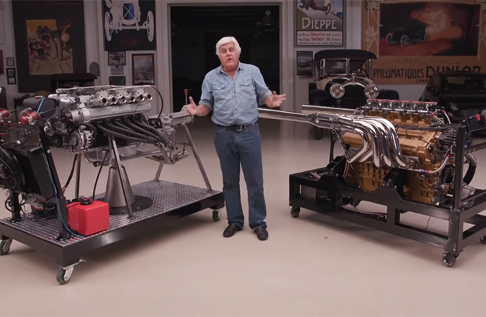 Jay Leno took a look at two engines from Lamborghini on the most recent episode of Jay Leno's Garage. | Screenshot
