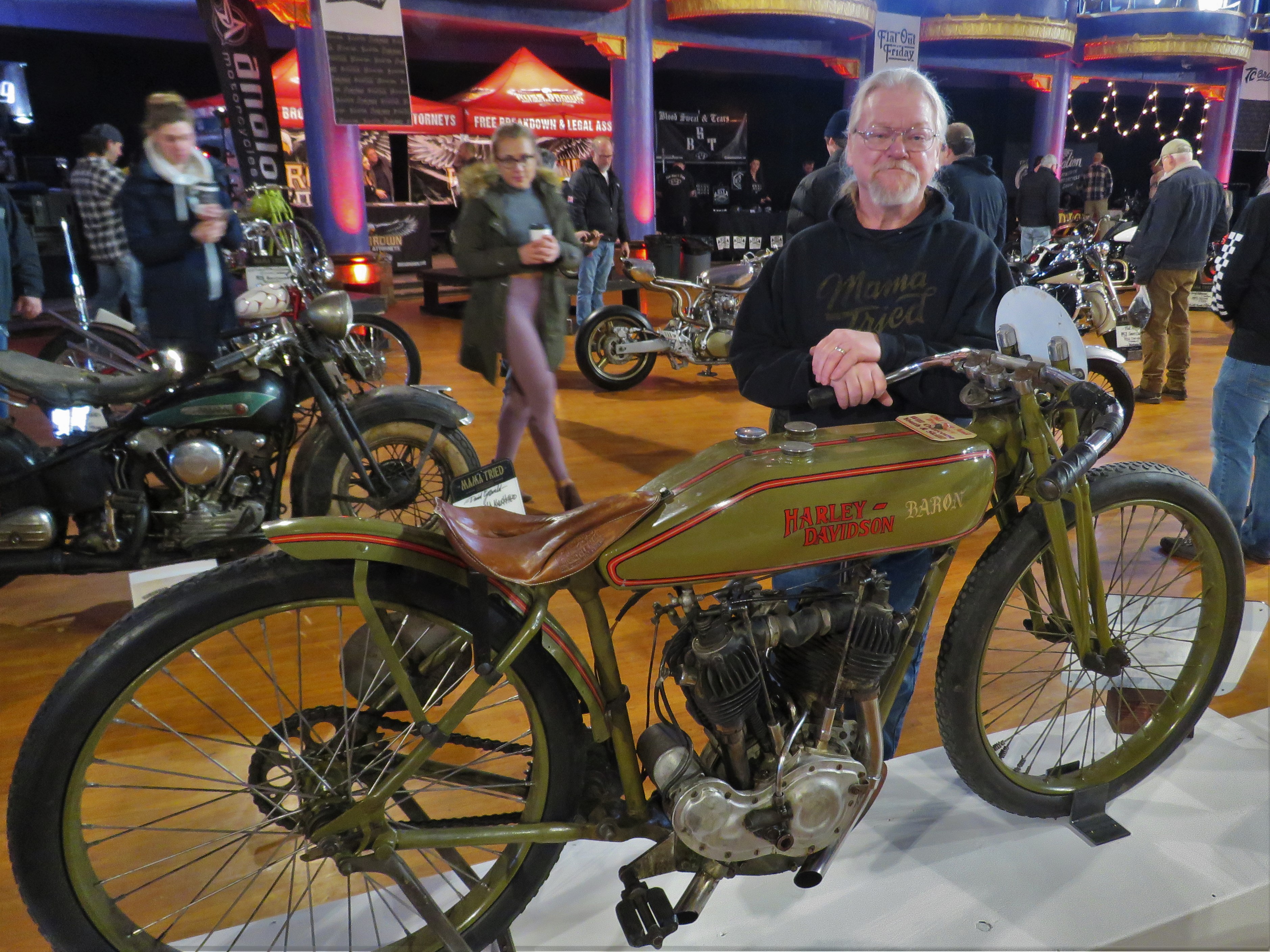 Michael Lange and his rare Harley board track racer.