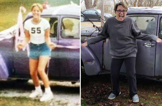 Amanda Dorset (pictured in the 1990s, left, and 2018, right) has been reunited with her 1975 Volkswagen La Grande Bug more than two decades after she sold it. | Volkswagen photos