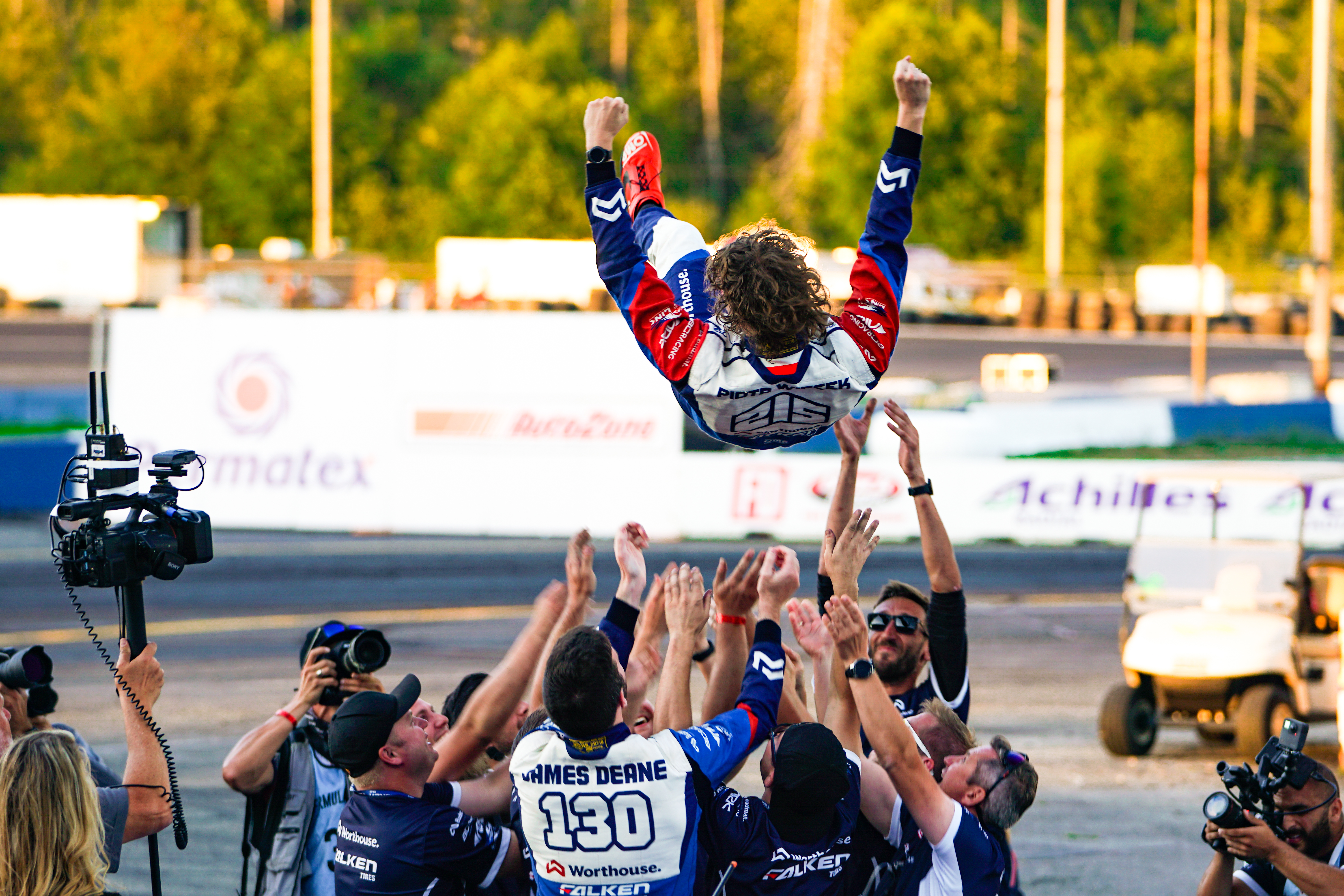 Worthouse driver Piotr Więcek celebrates a 1st place podium finish at Formula Drift Seattle | Rebecca Nguyen photos